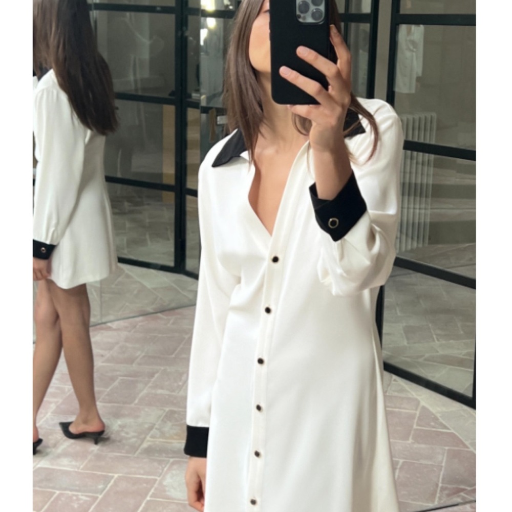 Zara White and Black Long Sleeve Shirt Dress